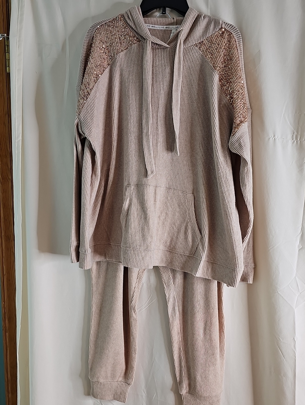 Living Well Cozy Ribbed Sequin Shoulder Hoodie Sweater/Pants Blush